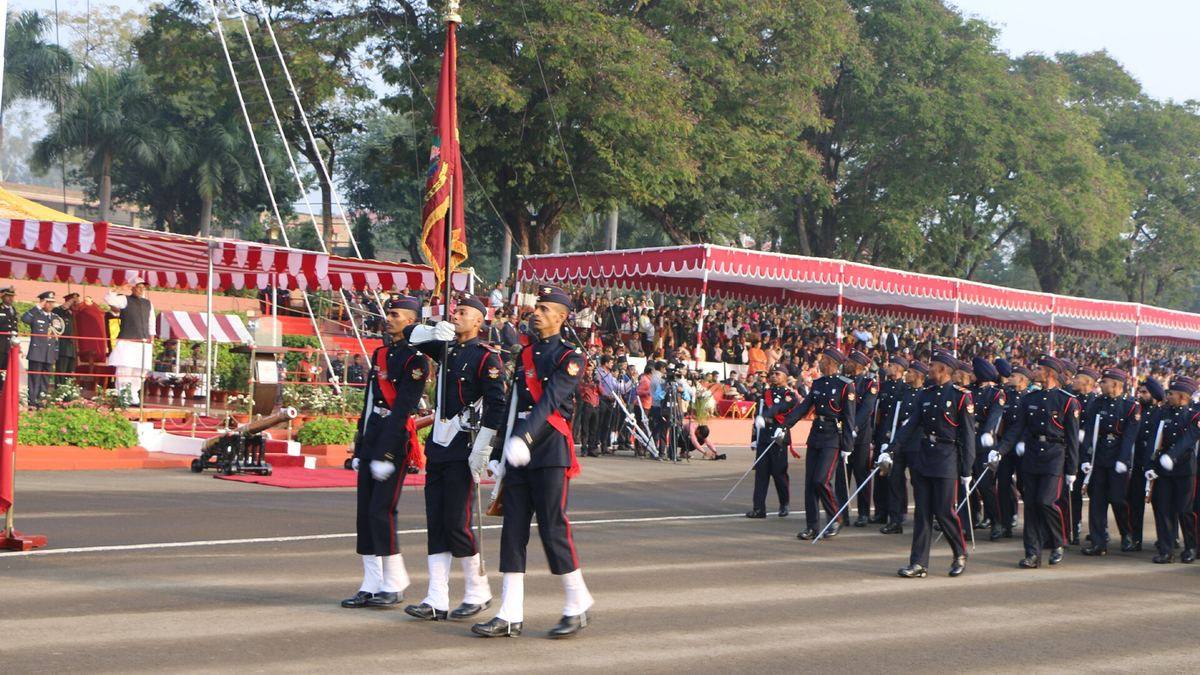 Cadets marching at a passing out parade at the National Defence Academy